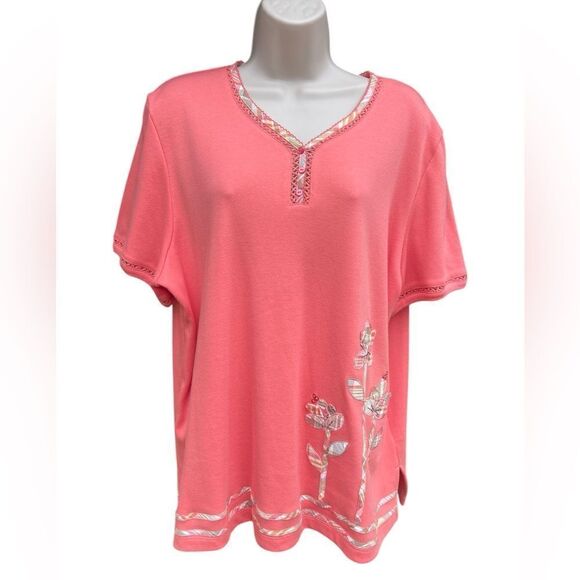 Alfred Dunner V-neck Peach and Yellow Floral Print Short Sleeve Embroidered - Picture 1 of 6